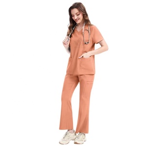Ensemble de blouses médicales pour femmes, col en V, manches courtes, plusieurs poches, haut et pantalon évasé, extensible, uniforme de travail pour les soignants - Product Image 1