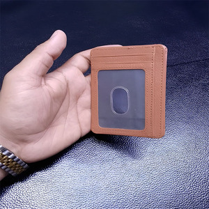 Minimalist Real Leather <b>Card</b> Holder Men's Slim <b>Sleeve</b> Clear Window ID Display Easy Thumb Notch Multi Slot Pocket Pouch For Cash - Product Image 6