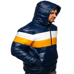 Men's Hooded Puffer <b>Jacket</b> Color Blocking Navy White <b>Yellow</b> Windproof Winter Warm Thick Polyester Quilted Coat Regular Fit - Product Image 2
