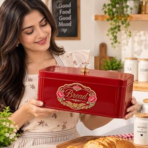 Caja de Pan Metálica Roja de Gran Capacidad, Estilo Vintage con Tapa Abatible Floral, Contenedor de Almacenamiento de Alimentos para Cocina - Product Image 4
