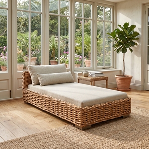 Sofá Cama Kamassan de Madera de Caoba con Ratán y Tela Daphnie, Muebles de Exterior Premium Estilo Resort, Conjuntos de Asientos para Patio - Product Image 3