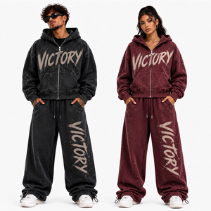 Custom Unisex Oversized Zip Up Hoodie and Jogger Tracksuit Set Vintage Washed Streetwear Two Piece Sweat Suit for Men and Women - Product Image 1