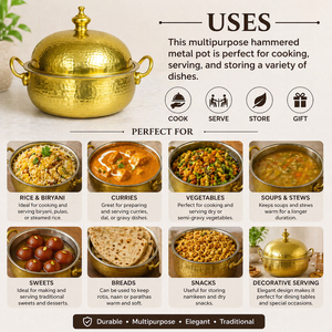 Elegant Hammered Design Brass <b>Serving</b> <b>Dish</b> With Lid. Gold Plating Finish Premium Insulated Hot Pot For Luxury Dining & Catering - Product Image 4