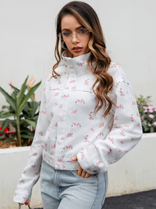 Women's Floral Print Denim Breathable Zip-Up <b>Jacket</b> Formal Spring Outerwear Regular Fit White with <b>Pink</b> Flowers Rhinestone - Product Image 4