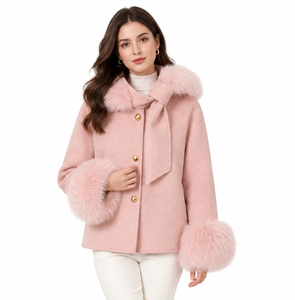 Pink Wool Blend Jacket With Fur Trim Collar And Cuffs Winter Short <b>Coat</b> For Women Elegant Style - Product Image 1