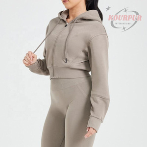 Sudadera con capucha para mujer, top corto con cremallera, color sólido, manga larga, de punto, de algodón, para otoño, transpirable - Product Image 1