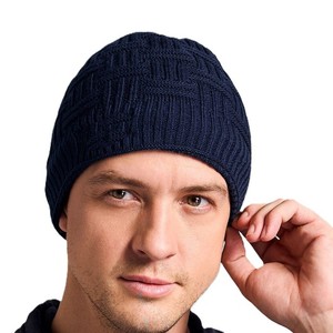 New Men's <b>Navy</b> Blue Knit Beanie <b>Hat</b> Solid Color Casual Winter Warm Cap Hand Knitted Acrylic Material 56-58CM Head Circumference - Product Image 2