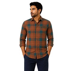 Chemise à carreaux marron rouille et turquoise à manches longues pour homme, personnalisable avec logo, boutonnée, en coton, décontractée, vente en gros, fabricant de vêtements - Product Image 1