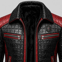 Veste en cuir noire et rouge pour homme, style motard, motif crocodile embossé, fermeture éclair, col rabattu, coupe ajustée, pour l'automne