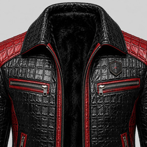 Veste en cuir noire et rouge pour homme, style motard, motif crocodile embossé, fermeture éclair, col rabattu, coupe ajustée, pour l'automne - Product Image 5