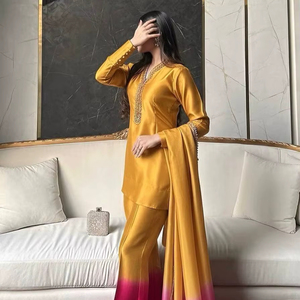 Conjunto de Salwar y Kurta Recto de Diseño Romano para Mujer, con Pantalones Palazzo Anchos Ombre y Dupatta, Ideal para Bodas y Fiestas - Product Image 1