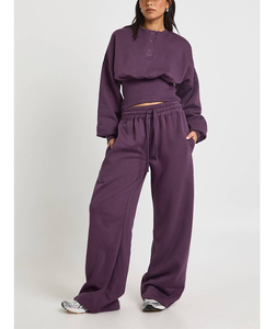 2026 Fashion Custom Workout Fitness Sports 2PCS Set Long Sleeve Fleece <b>Warm</b> Crop <b>Top</b> &Wide Leg Trouser Yoga Running Sweatsuit - Product Image 4