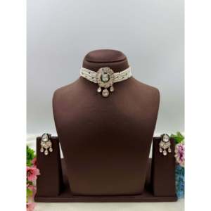 Indian Ethnic Priya Moissanite Gold Plated Choker Necklace Set - Product Image 1