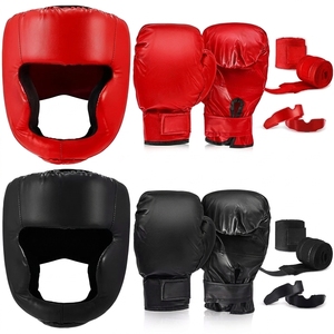 Ensemble de gants de boxe et de protège-tête en PU rouge et noir, équipement d'entraînement protecteur 16 oz avec bandages pour les mains et protège-dents - Product Image 5