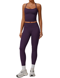 Ensemble de yoga 2 pièces violet uni tendance avec leggings taille haute et bretelles croisées, col carré, tenue de fitness pour femme - Product Image 1