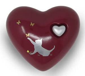 Urna Conmemorativa para Cenizas con Estampado de Gato Plateado sobre Fondo Marrón y Mini Corazón, Corazón para Cenizas Funerarias de Metal, Latón/Aluminio - Product Image 1