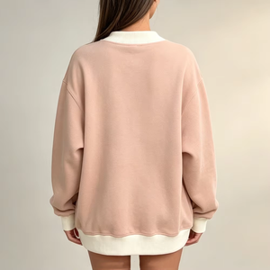 Sweat-shirt personnalisé pour femmes, en patchwork uni, col rond côtelé contrastant, broderie frontale, en coton, vente en gros - Product Image 2