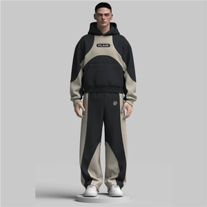 Survêtement en molleton de coton noir avec panneau beige uni pour homme - Product Image 1
