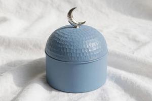 Dusty Blue Enamel Printed <b>Metal</b> Snacks <b>Box</b> Round Dome Lid Crescent Moon Top Arabic Storage Jar Festive Tableware - Product Image 3