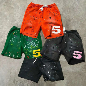 Pantalones Cortos de Fabricante con Estampado de Pintura Goteante, Logotipo Numérico, Cintura con Cordón, Estilo Casual, Transpirables, de Poliéster, Vintage - Product Image 1