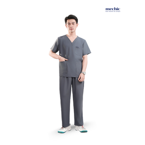 Ensemble de blouses médicales pour hommes Mechanic, couleur turquoise, col en V, manches courtes, uniforme d'hôpital, pantalon en coton et polyester tissé inclus - Product Image 1