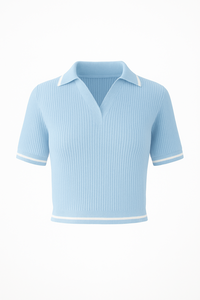 Polo en tricot côtelé pour femme, manches courtes avec bordure contrastée, style respirant et ajusté pour la vente au détail, marque privée - Product Image 4