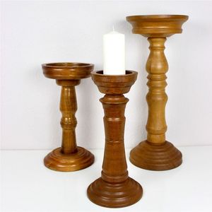 Ensemble de 3 bougeoirs décoratifs en bois de teck antique, style shabby chic, pour bougies pilier, pour ornement de table - Product Image 3