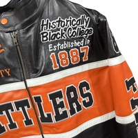 Veste universitaire Florida A&M University Rattlers en cuir véritable noir, orange et blanc, fermeture éclair sur le devant, logo brodé HBCU 1887, longue