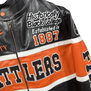 Florida A&M University Rattlers Varsity <b>Jacket</b> Genuine Leather Black Orange White Zipper Front Logo Embroidered HBCU 1887 Long - Product Image 2
