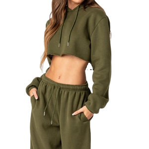 Moda 2026: Conjuntos cortos de sudaderas con capucha tipo crop top para mujer, sudaderas con capucha crop top lisas personalizables para mujer, hechas de algodón. - Product Image 4