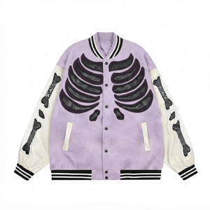 Servicio de Personalización, Chaqueta Bomber Varsity con Apliques de Huesos de Esqueleto, Manga de Lana/Viscosa, Estilo Urbano, Hip Hop, Vintage, para Hombre, Invierno - Product Image 1