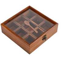 Boîte à épices artisanale en bois Masala Dabba, 9 compartiments, ensemble organisateur d'épices indien, couvercle en verre, cuillère, style rustique, cuisine, compatible lave-vaisselle
