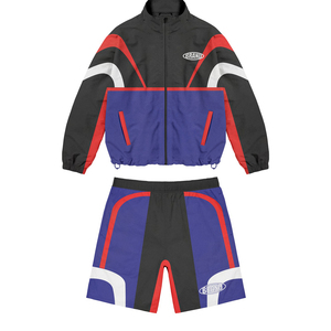 Premium 280 GSM Polyester Blue Navy Cut Sew Panel Tracksuit Custom Logo Windbreaker Shorts for Men - Product Image 2