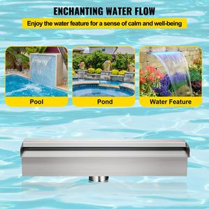 Fontana a Cascata per Piscina in Acciaio Inox con Striscia LED 30x11x8 cm, Tubo di Scarico 30x11x8 cm (L x P x A) - Product Image 4