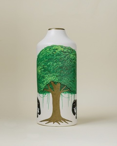 Vase en céramique peint à la main, écologique, avec motif d'arbre vert et d'éléphants, poterie décorative, vase à fleurs pour fleurs fraîches et fleurs séchées - Product Image 1
