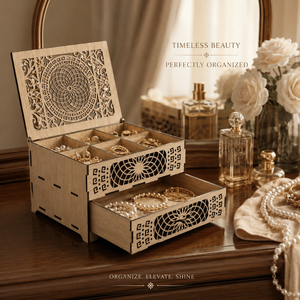 Wooden <b>Chest</b> of Drawers Style Jewelry Box | Decorative Laser Cut Organizer for Home Vanity Accessories & Keepsake Collection - Product Image 3