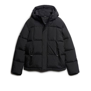 Men's Black Down Puffer Jacket <b>Stand</b> Collar Zipper Closure Windproof Casual Style Short Length Slim Fit Hooded Winter Coat - Product Image 3