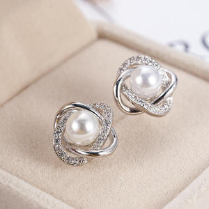 AMBER JEWELS Geometric Seawater Pearl <b>Moissanite</b> Stud <b>Earrings</b> 925 Silver Rhodium Plated Classic Unisex Minimalist Wedding - Product Image 1