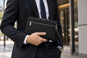 Men's Genuine Leather Clutch Bag <b>Fingerprint</b> <b>Lock</b> Zipper Polyester Fashion Business Wallet-Large Capacity for Office Party - Product Image 3