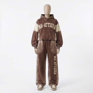 Custom <b>Women</b> <b>Brown</b> Acid Wash Color Block Cropped Hoodie Wide Leg Sweatpants Cotton Fleece <b>Tracksuit</b> OEM Wholesale - Product Image 3