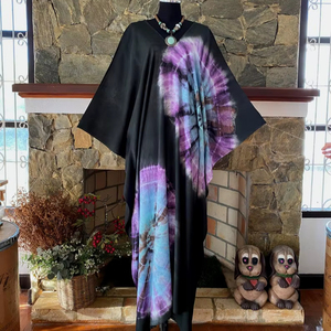 Robe caftan Shibori Tie Dye noir turquoise, art portable, maxi bohème - Product Image 1