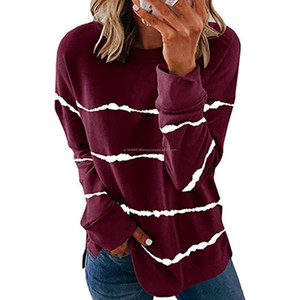 Wholesale Autumn 15 Colors Women's Striped French Terry <b>Long</b> <b>Sleeve</b> <b>T</b>-<b>shirt</b> 230g Polyester Women <b>Long</b> <b>Sleeve</b> Hoodies - Product Image 5