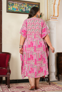 Geometric Printed Rayon Women's <b>Plus</b> <b>Size</b> Maternity Kaftan <b>Kimono</b> Sleeves V Neck Pink Loose Fit Pregnancy Casual Everyday Wear - Product Image 3