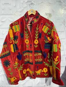 Red <b>Velvet</b> Stand Collar <b>Jacket</b> Hand Embroidered Floral Pattern Full Sleeve Autumn Women's Coat Wholesale Suzani <b>Jackets</b> B2B - Product Image 2