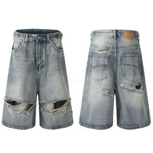 Nouveaux shorts en jean longs pour hommes, effet délavé, design respirant et déchiré, tissu confortable - Product Image 2