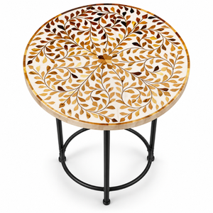 Mesa de Centro Redonda Artesanal con Incrustaciones de Resina Botánica, Tapa de MDF y Estructura de Hierro Negro |   Mesa de Centro Artesanal de Lujo para Sala de Estar, Arte para el Hogar - Product Image 1