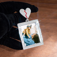 Pendentif photo personnalisé Hip Hop Iced Out carré en argent sterling plaqué or avec diamants, motif cœur brisé, souvenir pour hommes et femmes
