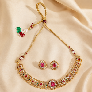 Parure Collier Ras-du-Cou et Boucles d'Oreilles Géométriques en Laiton Plaqué Or Rose, Zircon et Perles d'Imitation Certifiées, Bijoux Ethniques de Mariage pour Femme - Product Image 1