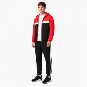 Ensemble de survêtement à capuche pour homme, rouge et noir, blocs de couleur, fermeture éclair intégrale, manches longues, coupe classique, vêtements de sport avec poches latérales, décontracté, printemps - Product Image 1