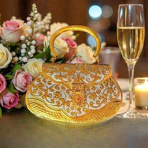 Handmade Metal Evening <b>Bag</b> With Floral Filigree Design Ring Handle Flap Closure Elegant Half Moon Shape Party Clutch - Product Image 4